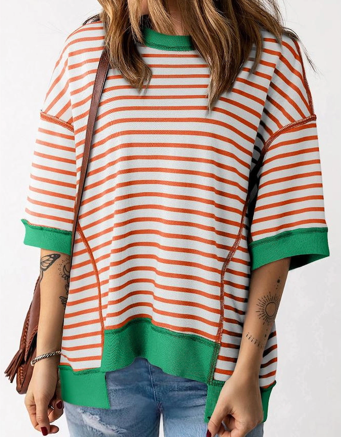 Orange Stripe Oversized Contrast Trim Exposed Seam High Low T Shirt