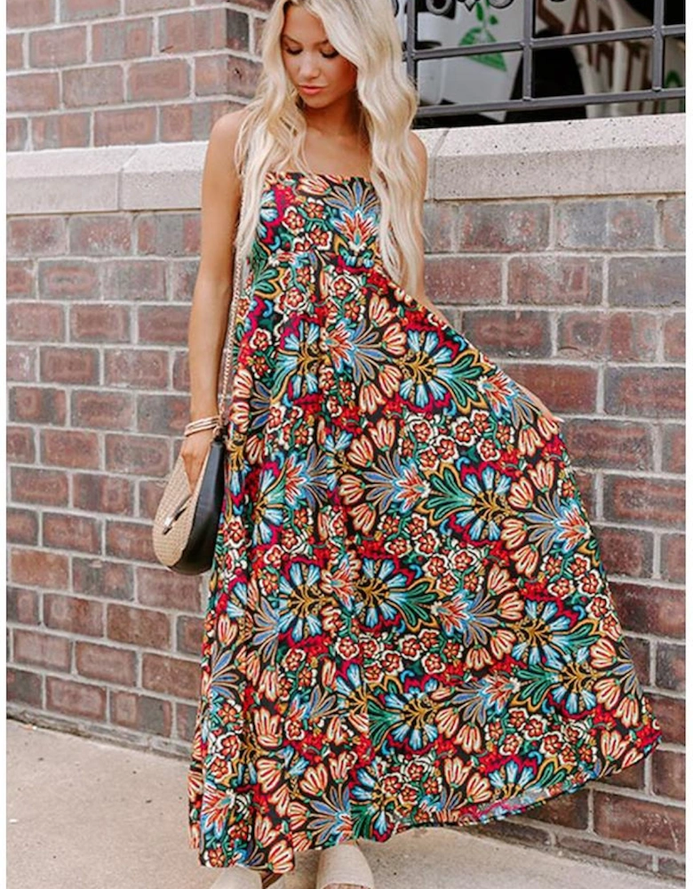 Black Boho Floral Print Thin Straps Sleeveless High Waist Maxi Dress
