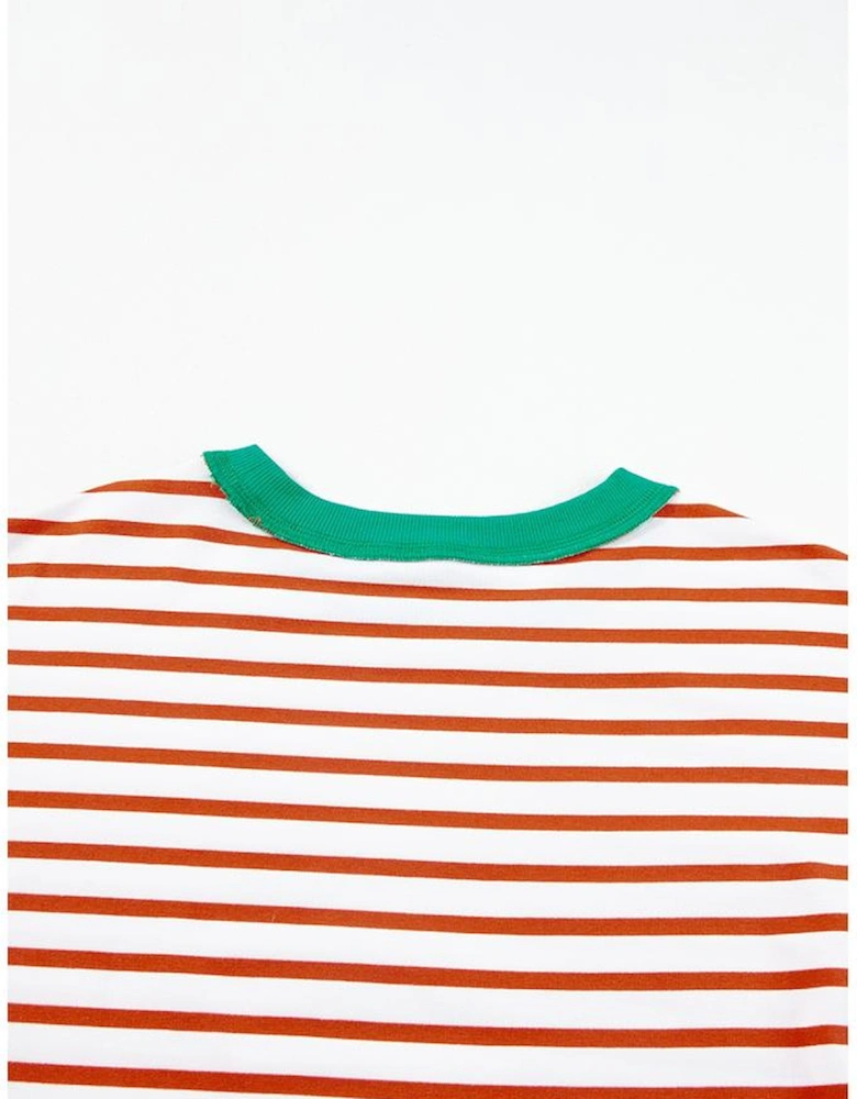 Orange Stripe Oversized Contrast Trim Exposed Seam High Low T Shirt