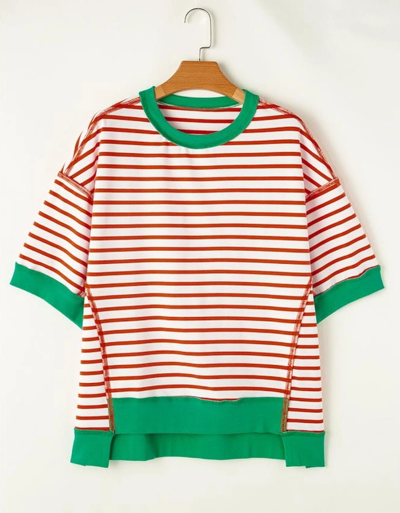 Orange Stripe Oversized Contrast Trim Exposed Seam High Low T Shirt