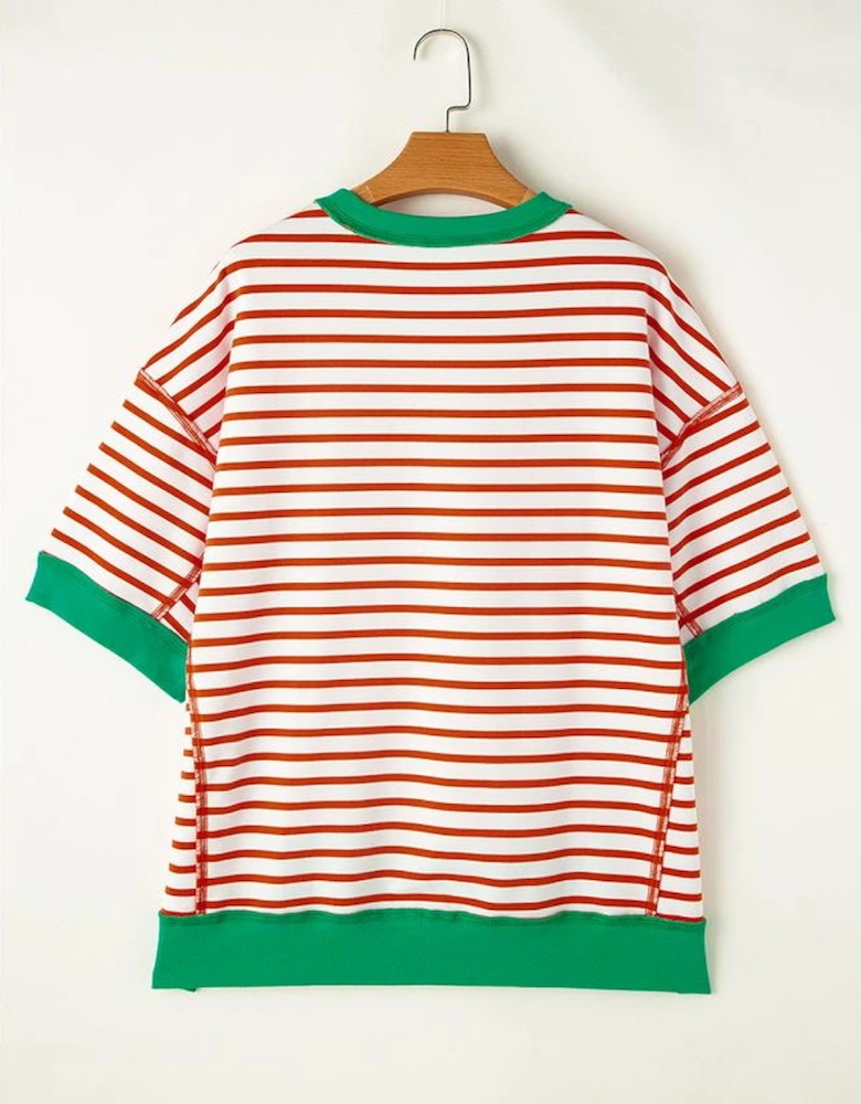 Orange Stripe Oversized Contrast Trim Exposed Seam High Low T Shirt