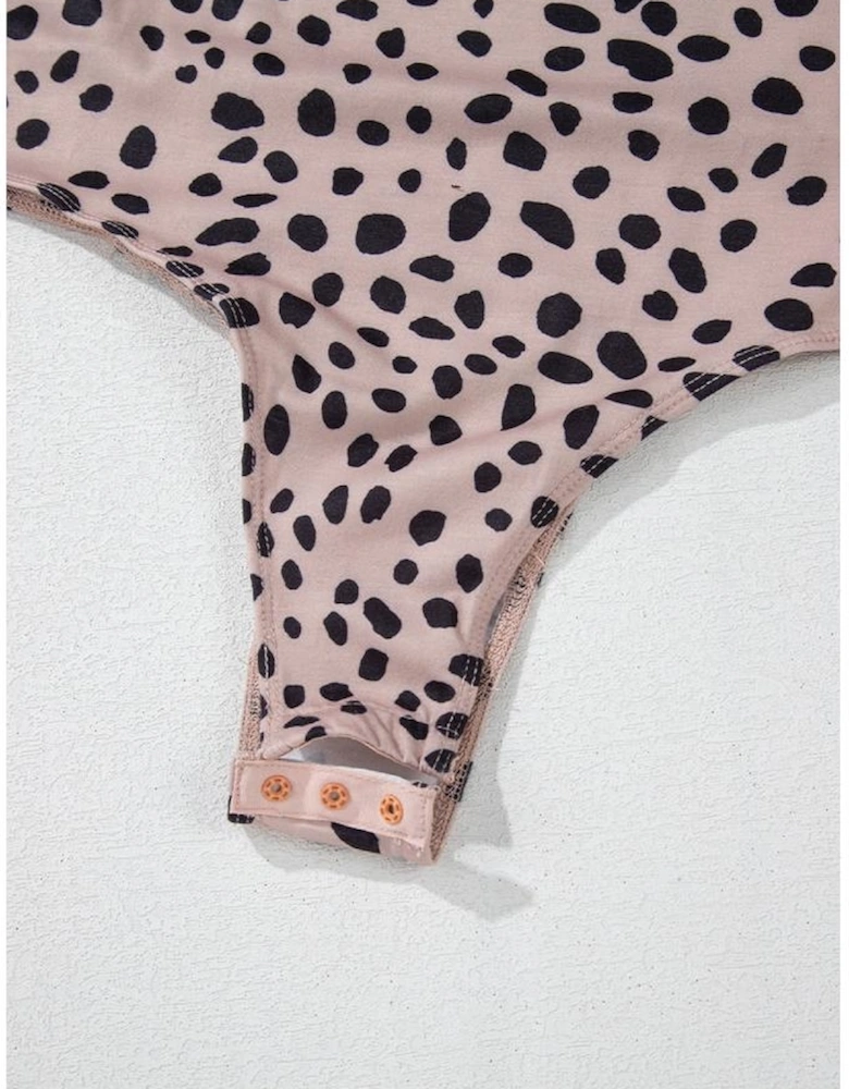 Smoke Gray Leopard Print Long Sleeve Scoop Neck Slim Fit Bodysuit