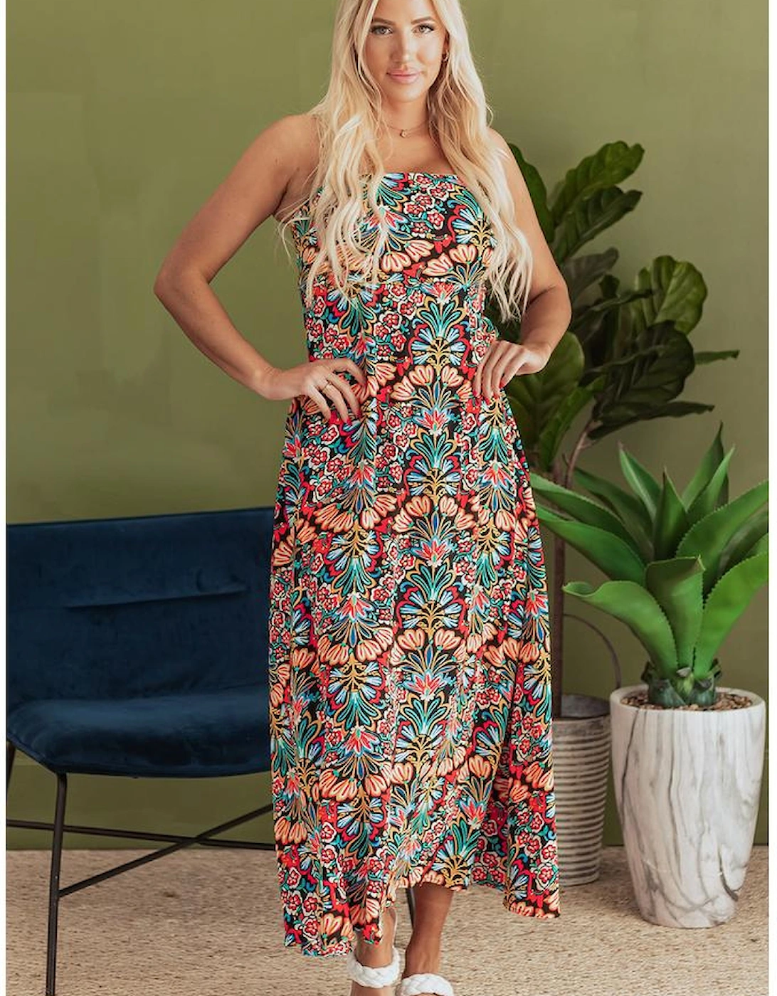 Black Boho Floral Print Thin Straps Sleeveless High Waist Maxi Dress