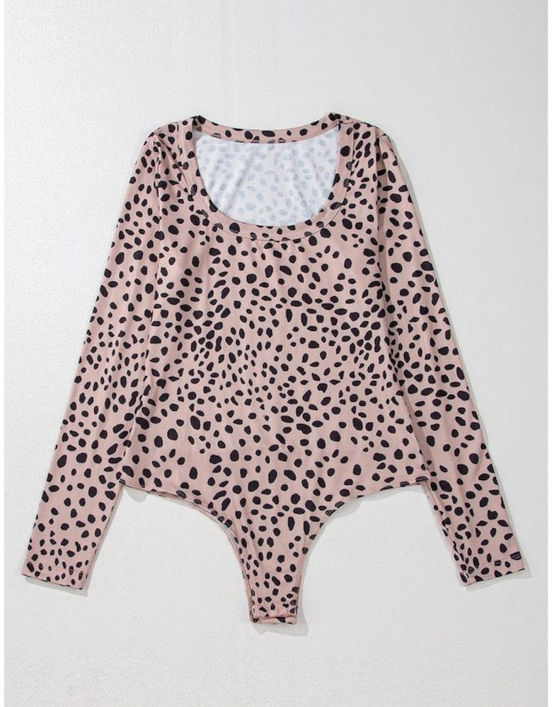 Smoke Gray Leopard Print Long Sleeve Scoop Neck Slim Fit Bodysuit