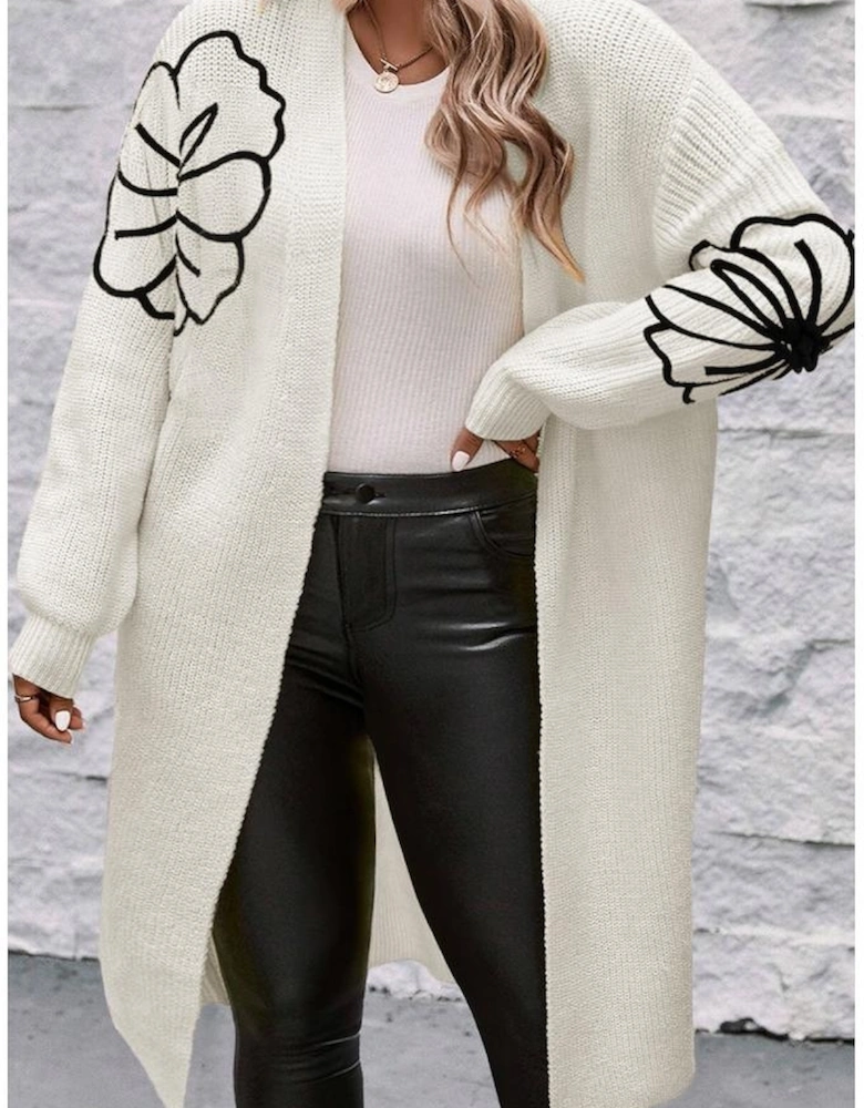 Beige Flower Embroidered Drop Shoulder Open Front Duster Cardigan