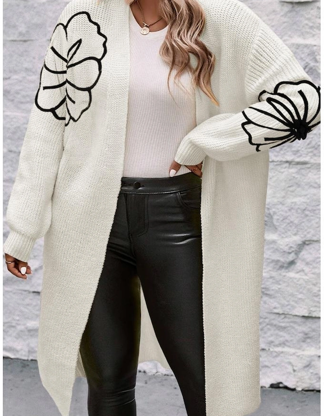 Beige Flower Embroidered Drop Shoulder Open Front Duster Cardigan