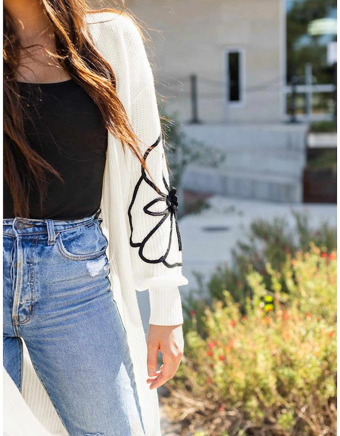 Beige Flower Embroidered Drop Shoulder Open Front Duster Cardigan