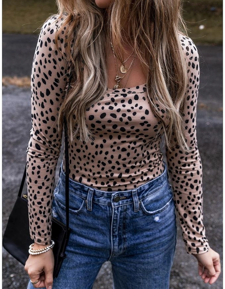 Smoke Gray Leopard Print Long Sleeve Scoop Neck Slim Fit Bodysuit