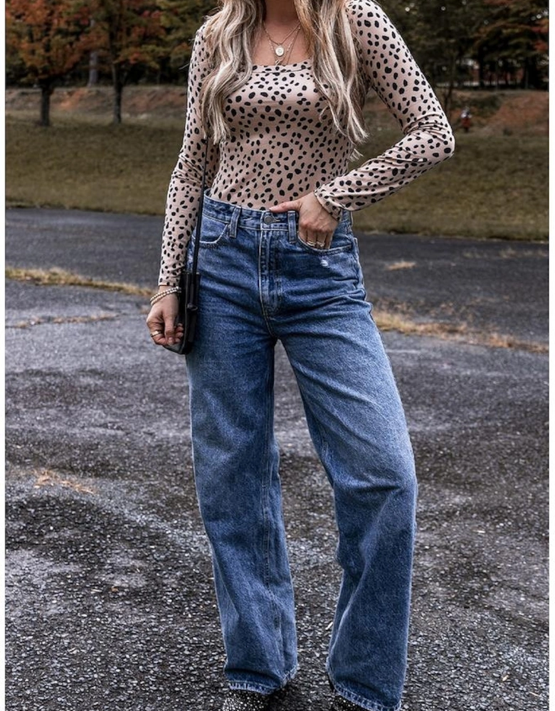 Smoke Gray Leopard Print Long Sleeve Scoop Neck Slim Fit Bodysuit