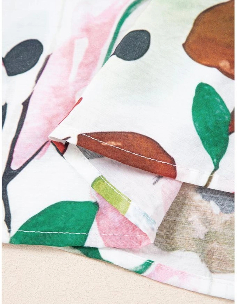 Pink Floral Print Slit V Neck Short Sleeve Blouse