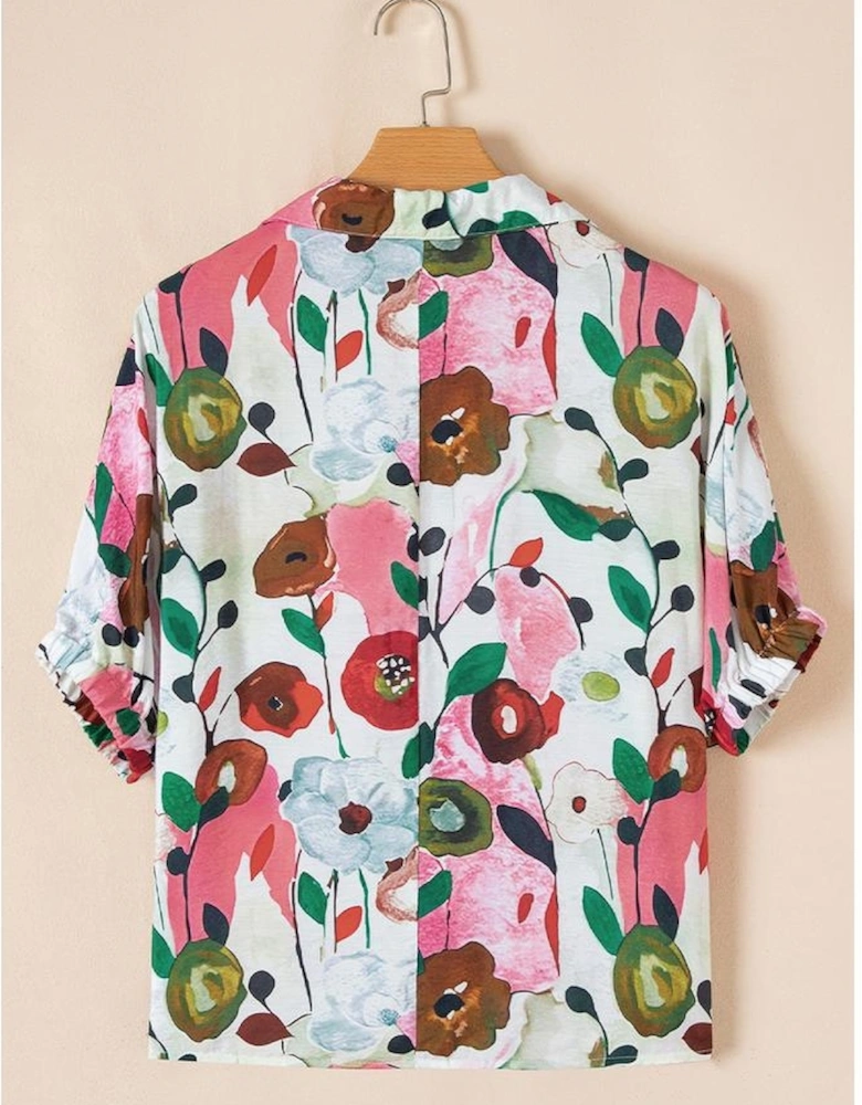 Pink Floral Print Slit V Neck Short Sleeve Blouse