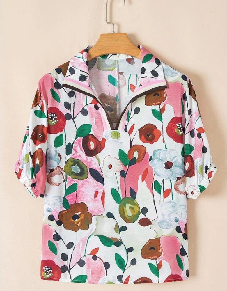 Pink Floral Print Slit V Neck Short Sleeve Blouse