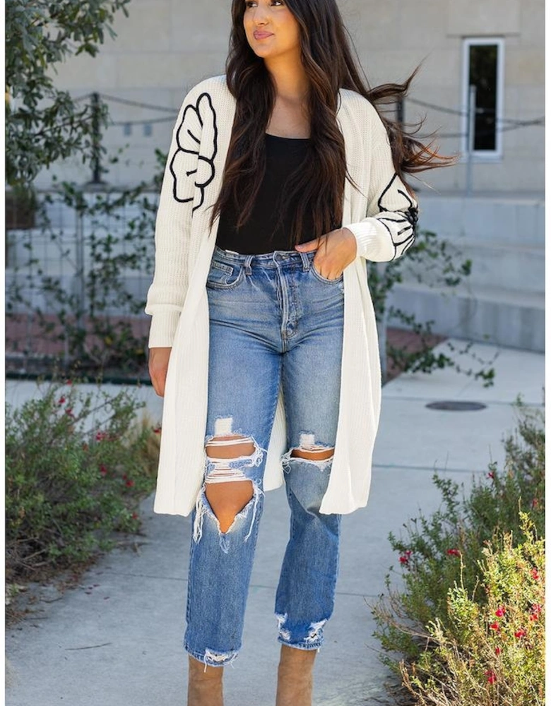 Beige Flower Embroidered Drop Shoulder Open Front Duster Cardigan