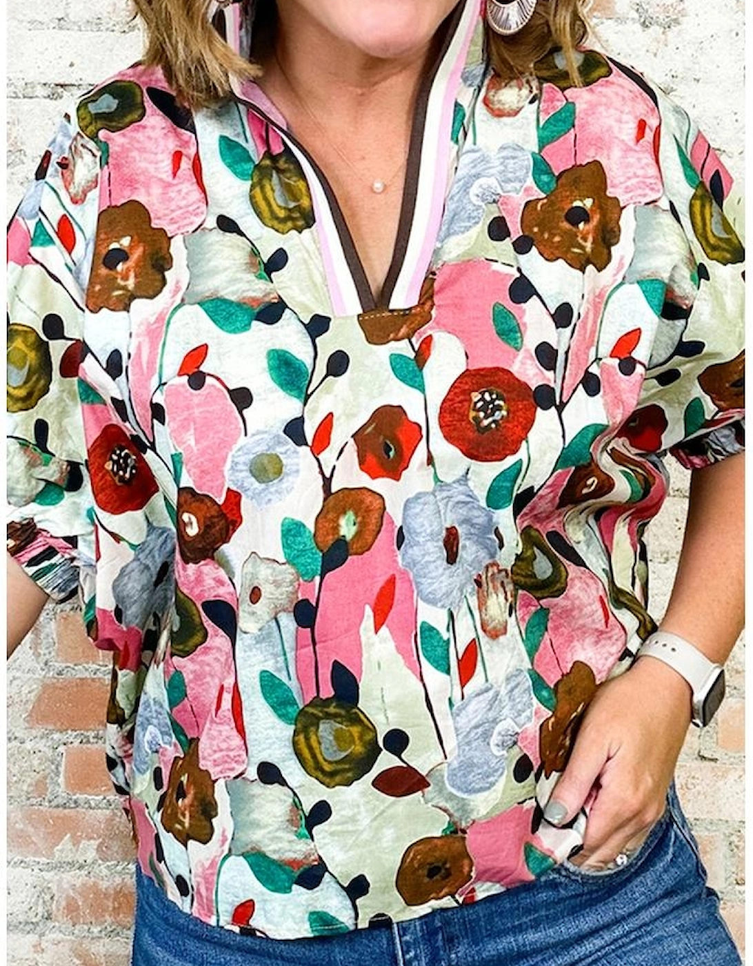 Pink Floral Print Slit V Neck Short Sleeve Blouse