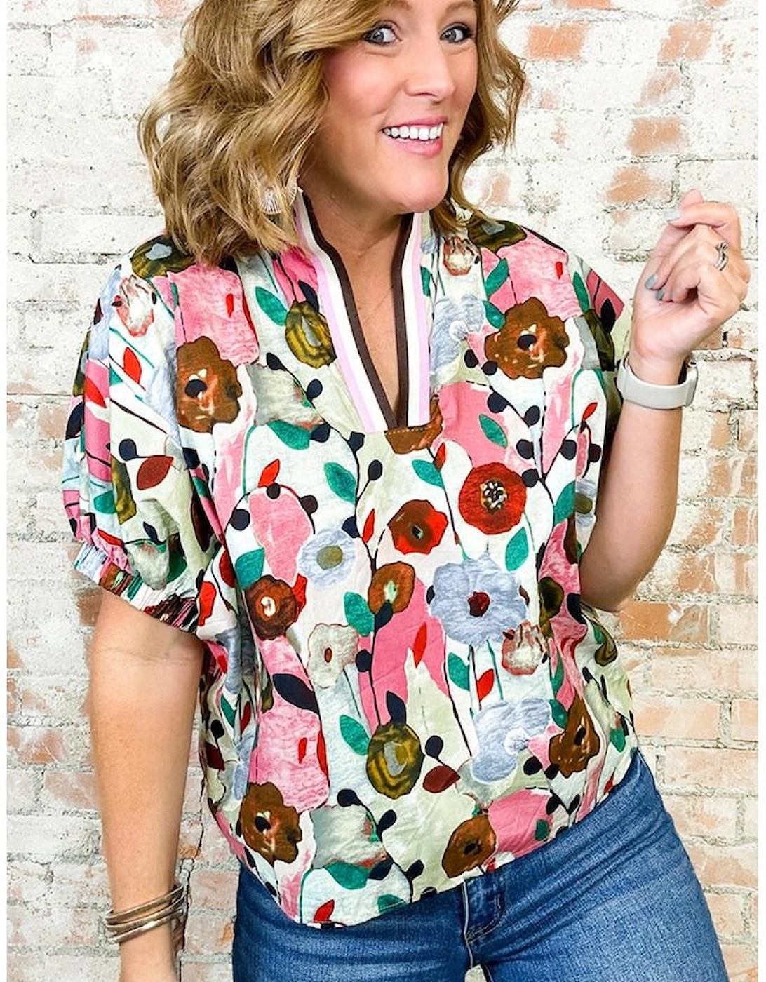 Pink Floral Print Slit V Neck Short Sleeve Blouse