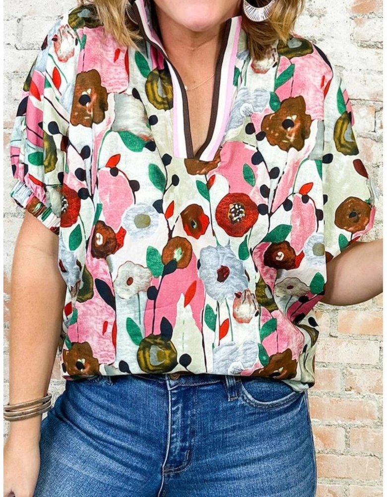 Pink Floral Print Slit V Neck Short Sleeve Blouse