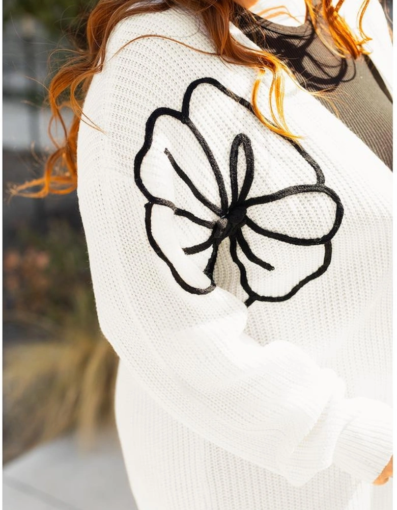 Beige Flower Embroidered Drop Shoulder Open Front Duster Cardigan