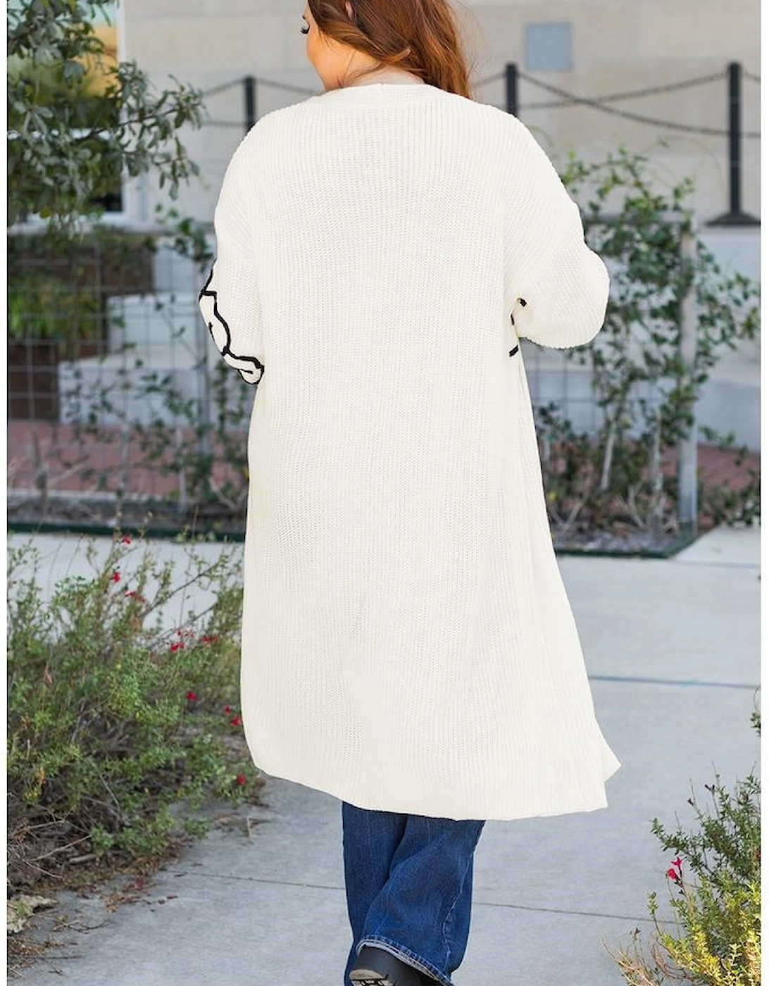 Beige Flower Embroidered Drop Shoulder Open Front Duster Cardigan