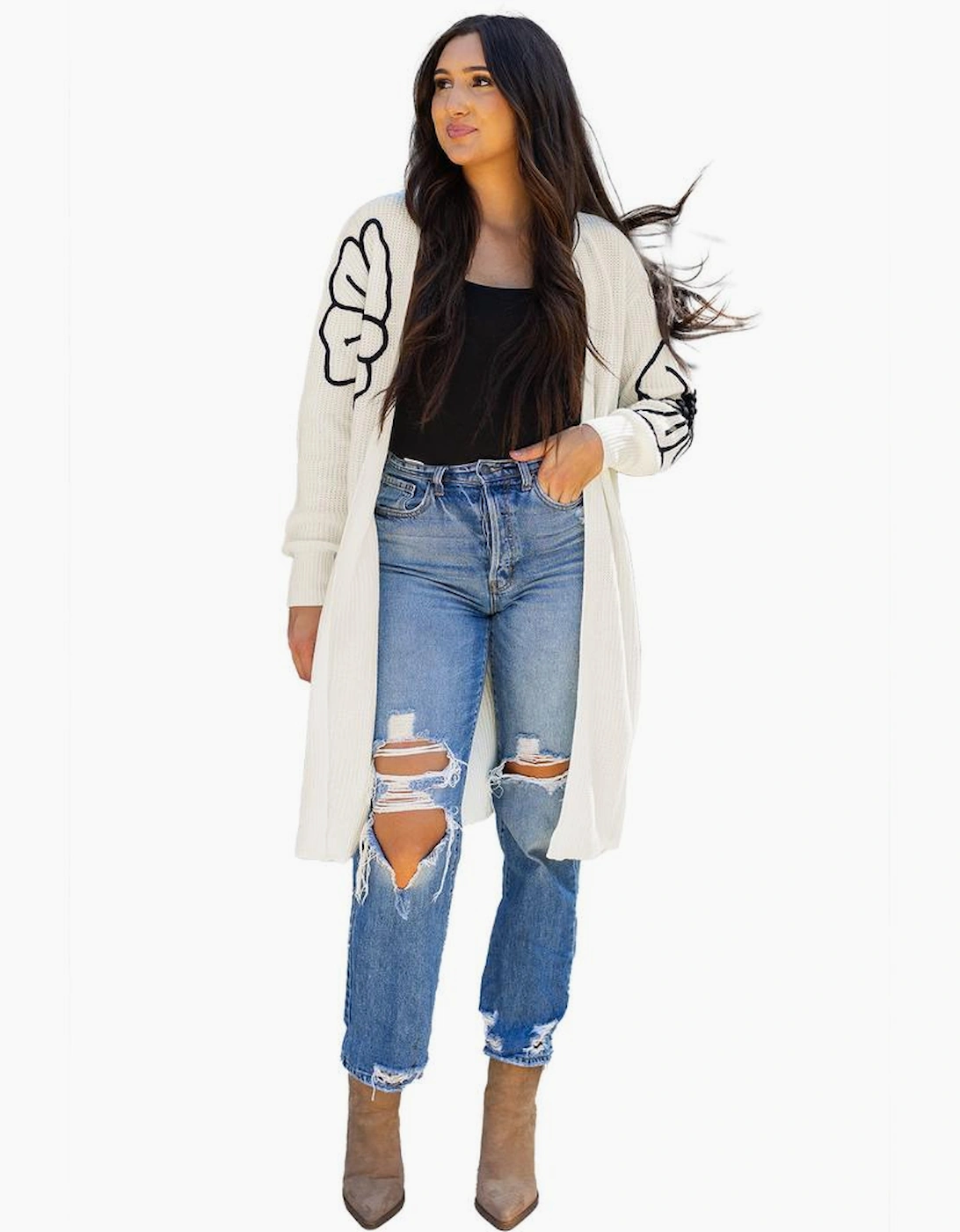 Beige Flower Embroidered Drop Shoulder Open Front Duster Cardigan