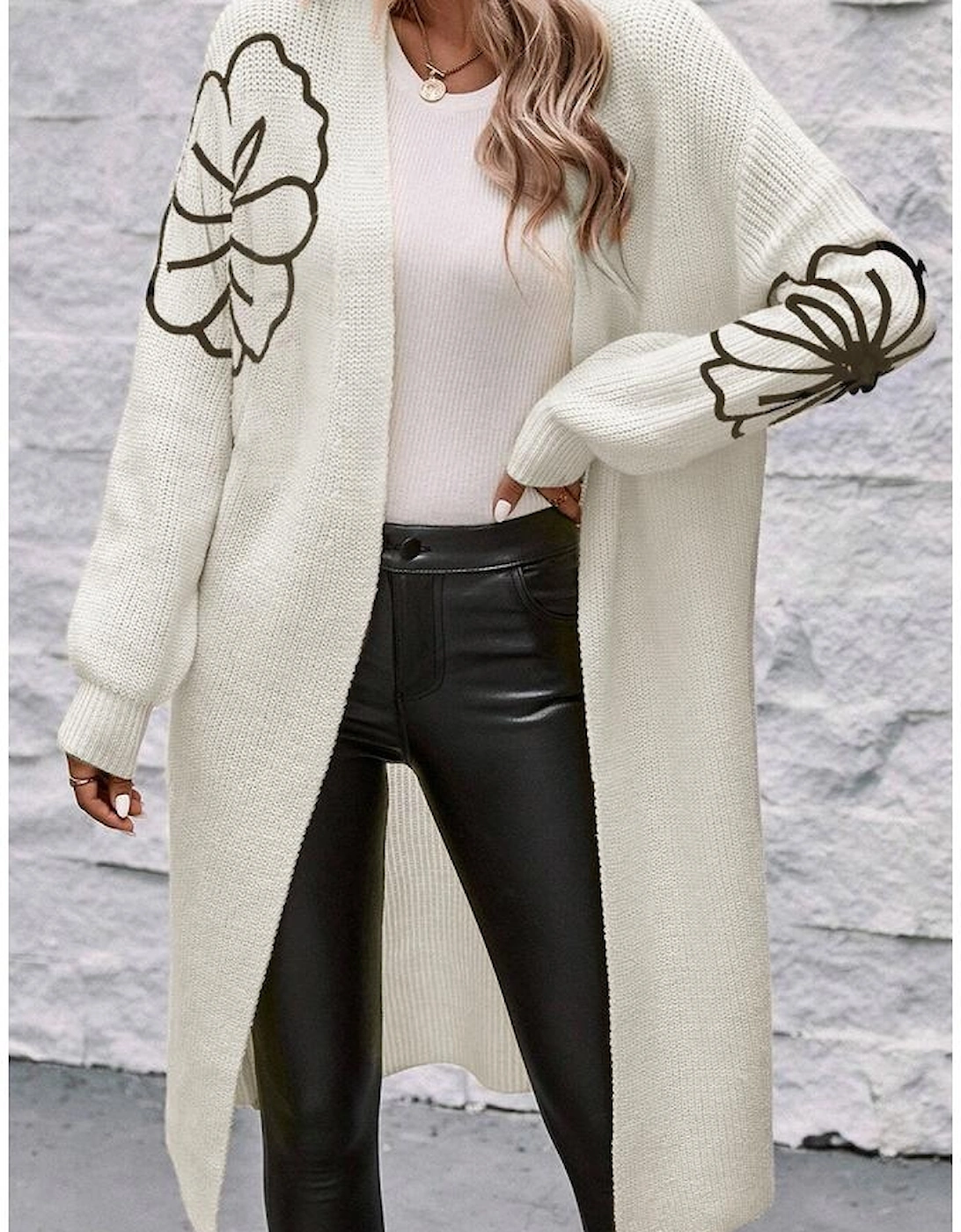 Beige Flower Embroidered Drop Shoulder Open Front Duster Cardigan