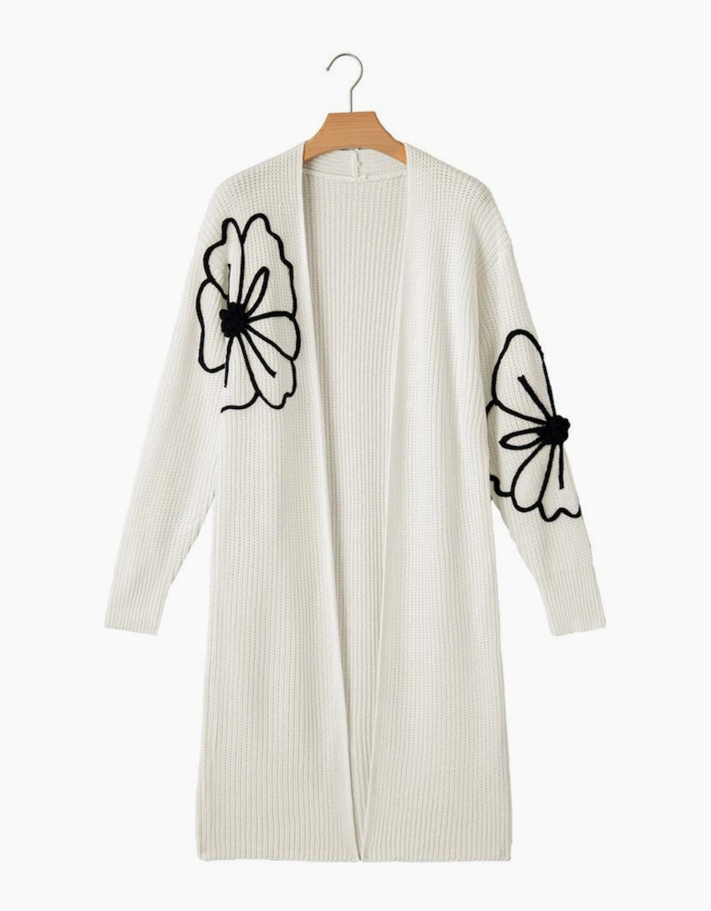 Beige Flower Embroidered Drop Shoulder Open Front Duster Cardigan