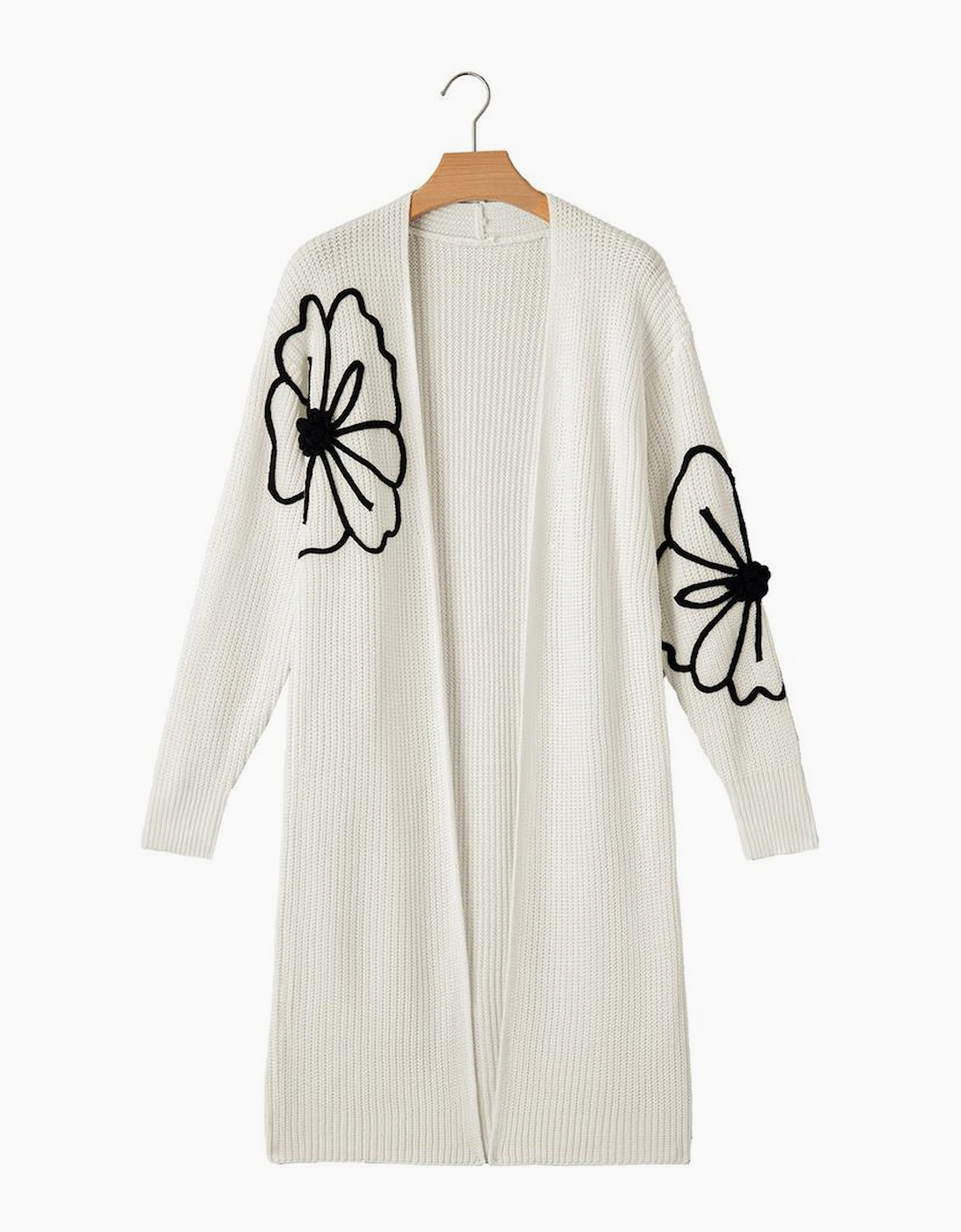 Beige Flower Embroidered Drop Shoulder Open Front Duster Cardigan