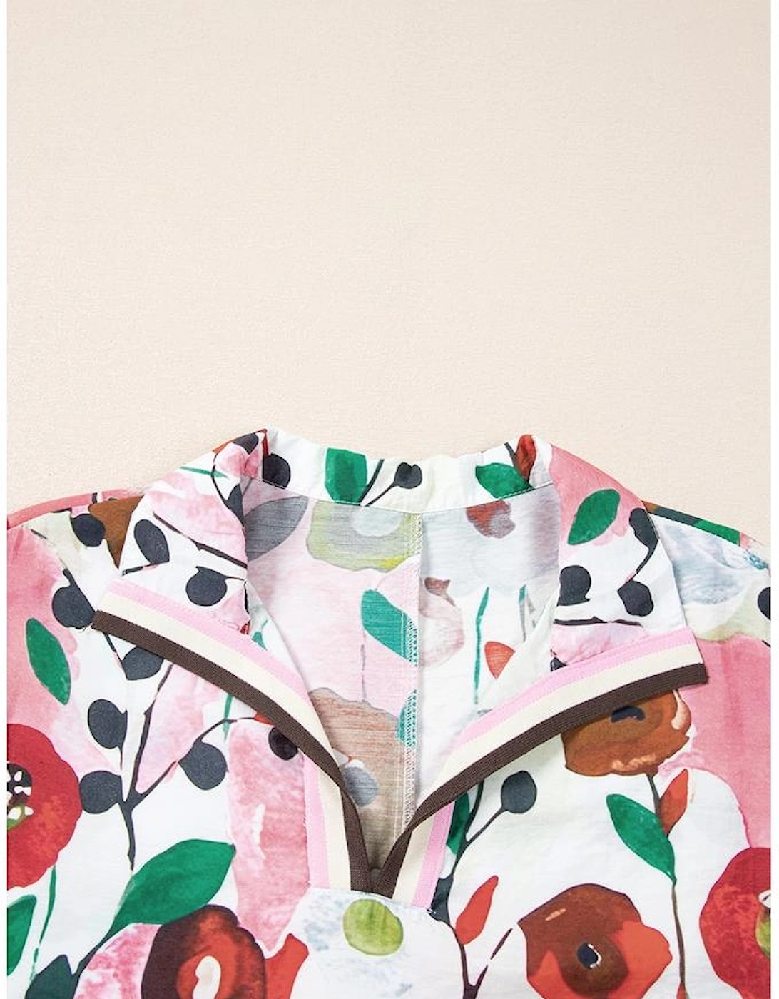 Pink Floral Print Slit V Neck Short Sleeve Blouse