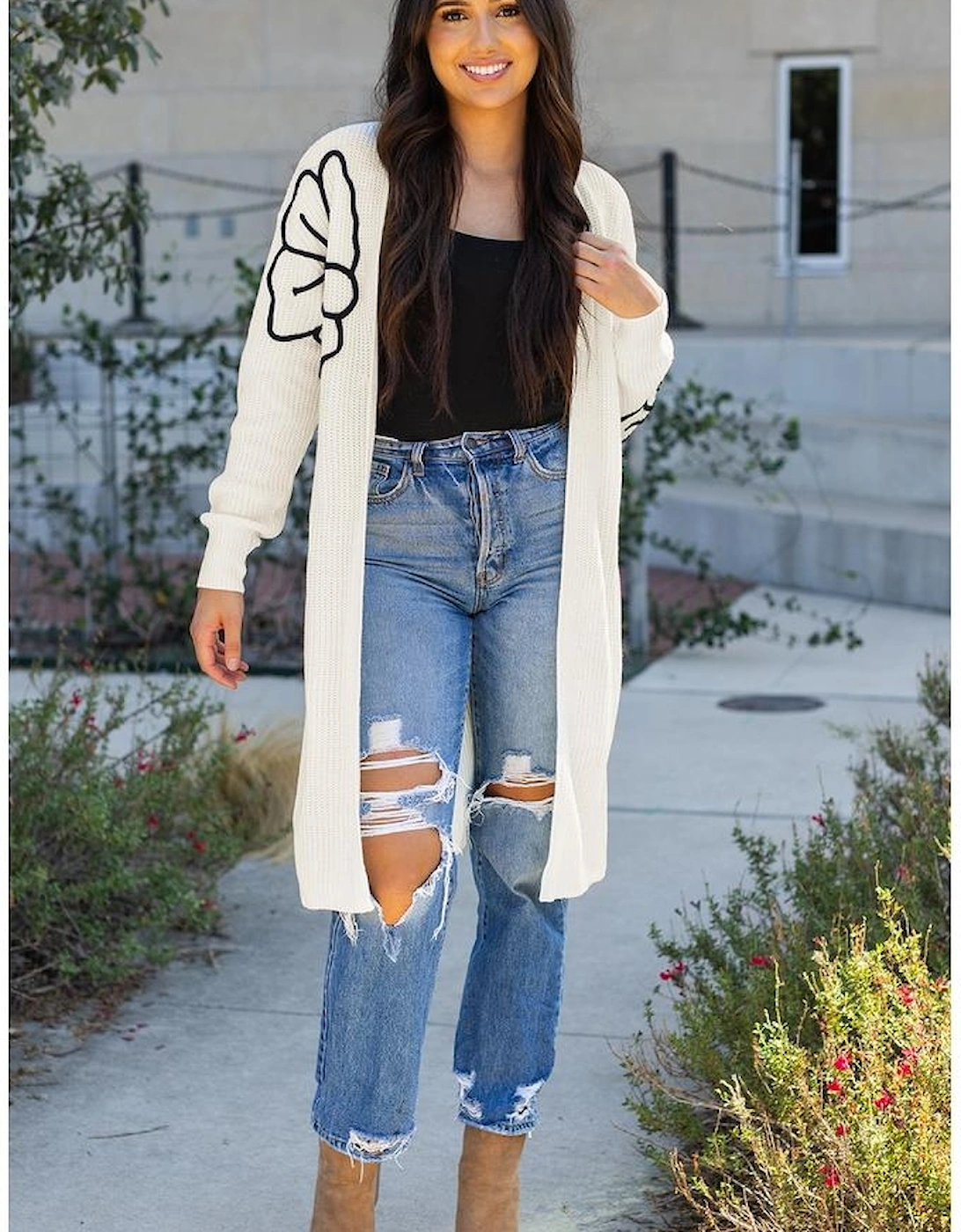 Beige Flower Embroidered Drop Shoulder Open Front Duster Cardigan