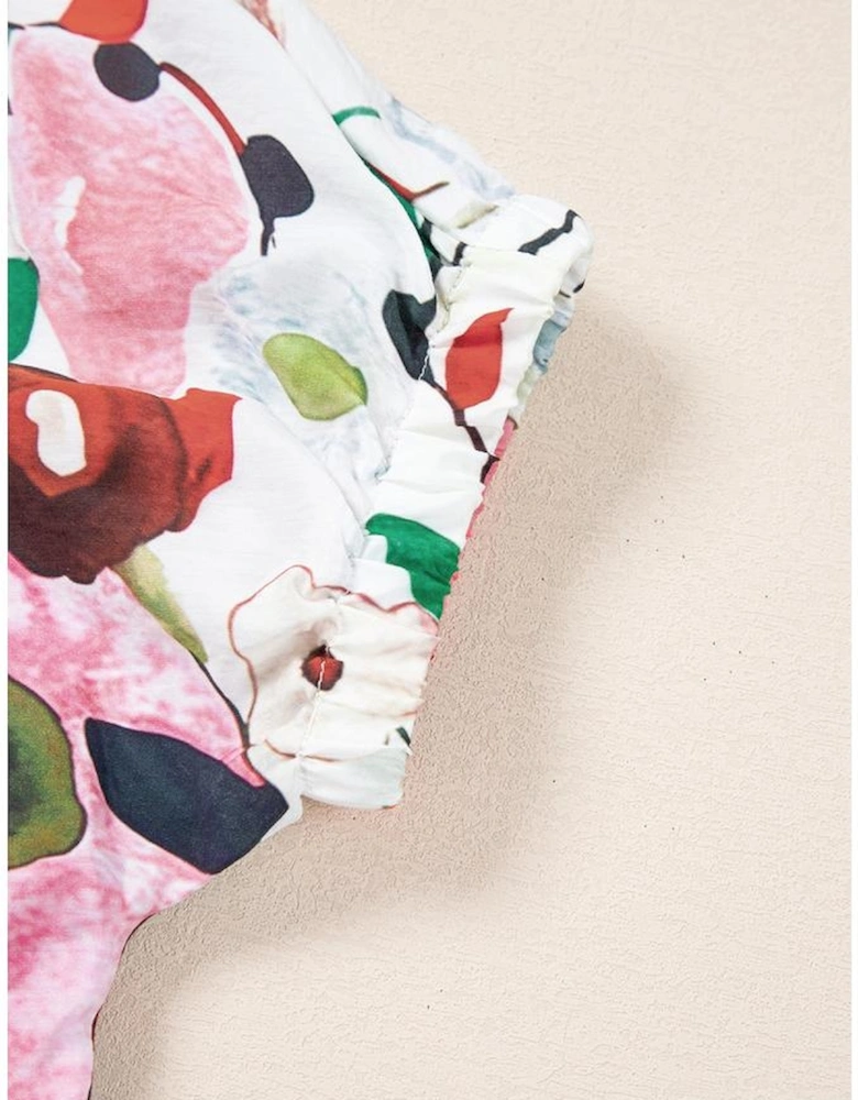 Pink Floral Print Slit V Neck Short Sleeve Blouse