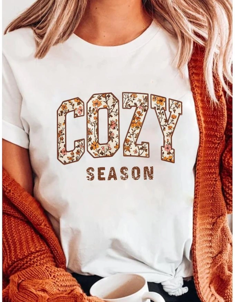 White COZY SEASON Floral Cracking Letter Graphic Tee