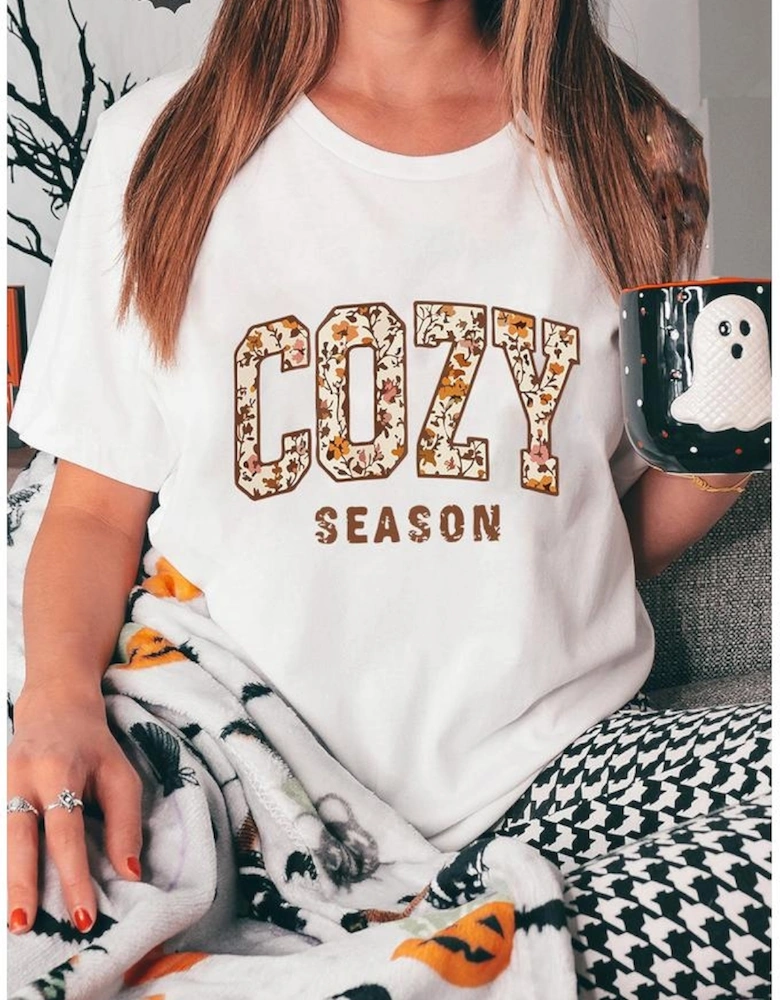 White COZY SEASON Floral Cracking Letter Graphic Tee