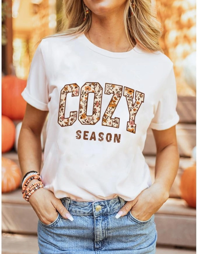 White COZY SEASON Floral Cracking Letter Graphic Tee