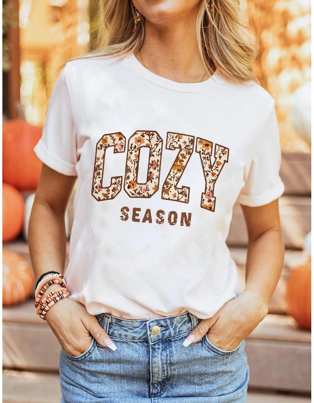 White COZY SEASON Floral Cracking Letter Graphic Tee