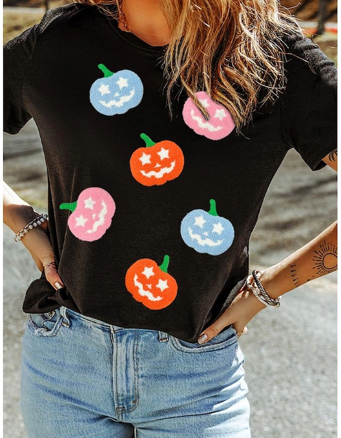 Black Chenille Pumpkin Patched Playful Halloween T Shirt
