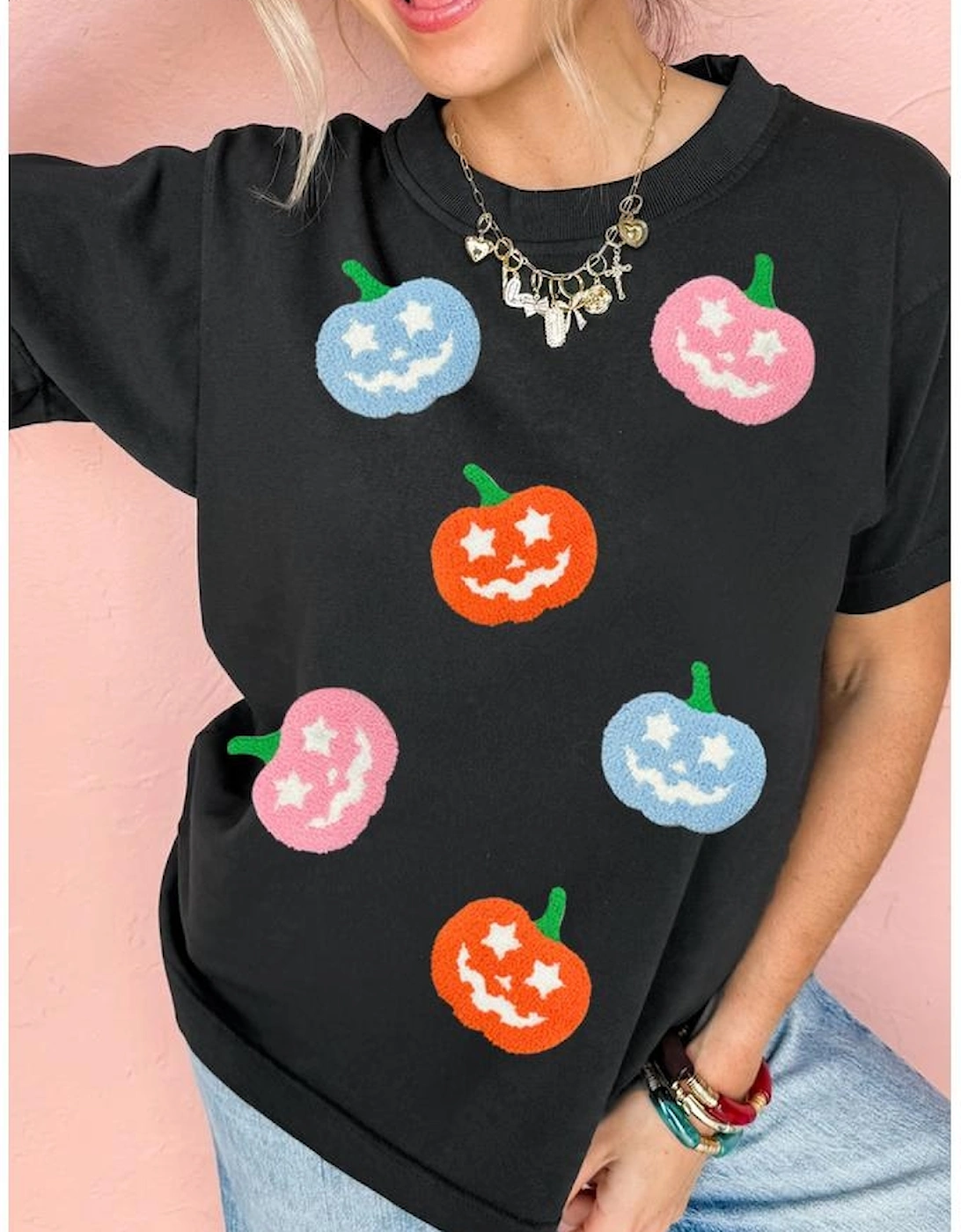 Black Chenille Pumpkin Patched Playful Halloween T Shirt, 7 of 6