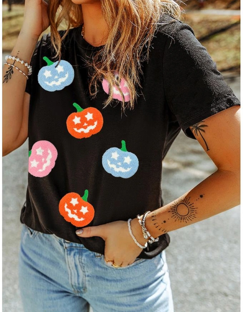 Black Chenille Pumpkin Patched Playful Halloween T Shirt