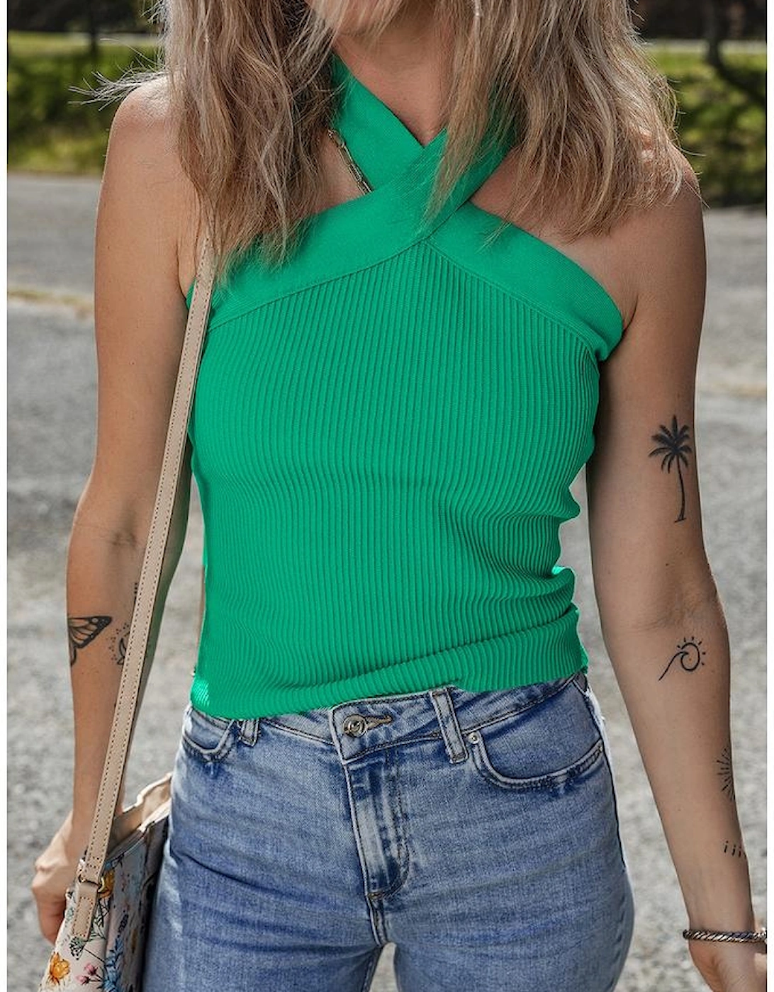 Dark Green Ribbed Criss Cross Halter Neck Sheath Sweater Tank Top, 12 of 11