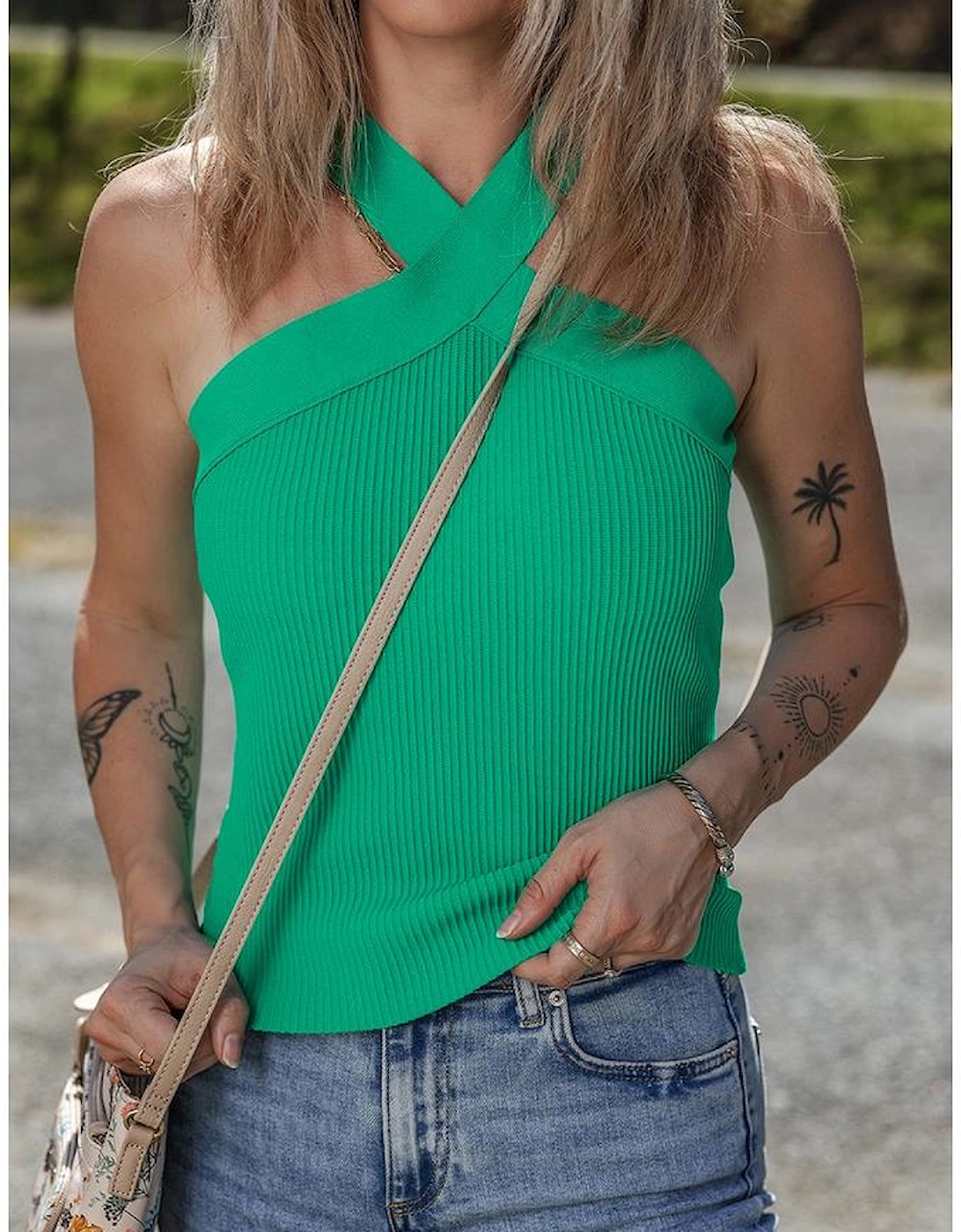 Dark Green Ribbed Criss Cross Halter Neck Sheath Sweater Tank Top