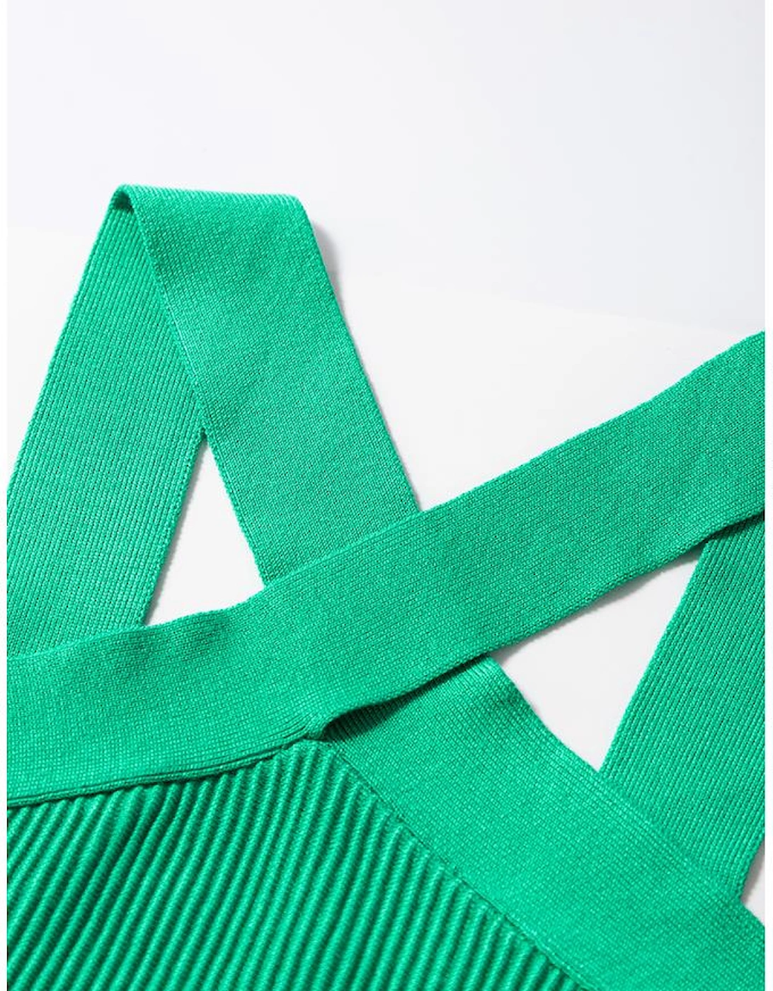 Dark Green Ribbed Criss Cross Halter Neck Sheath Sweater Tank Top