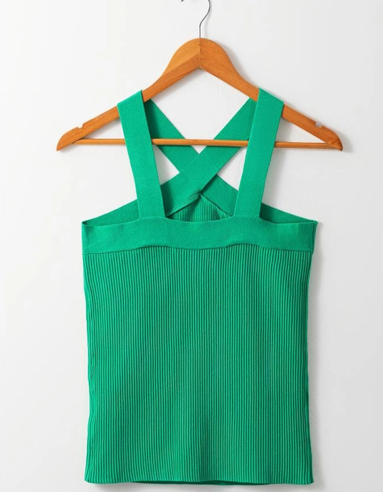 Dark Green Ribbed Criss Cross Halter Neck Sheath Sweater Tank Top
