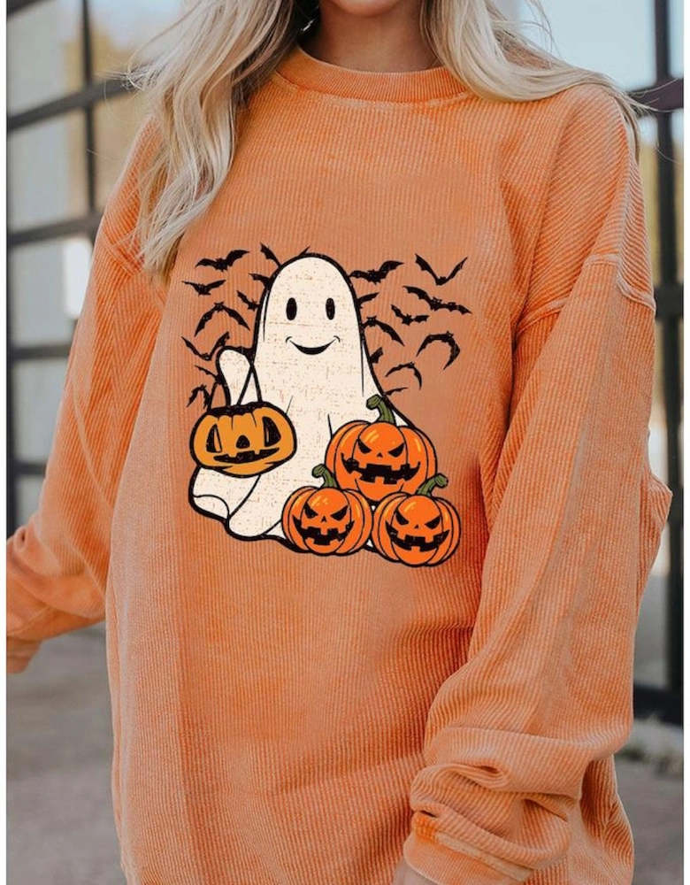 Orange Halloween Ghost Pumpkin Bat Print Corded Pullover Sweatshirt