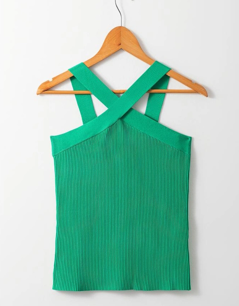 Dark Green Ribbed Criss Cross Halter Neck Sheath Sweater Tank Top