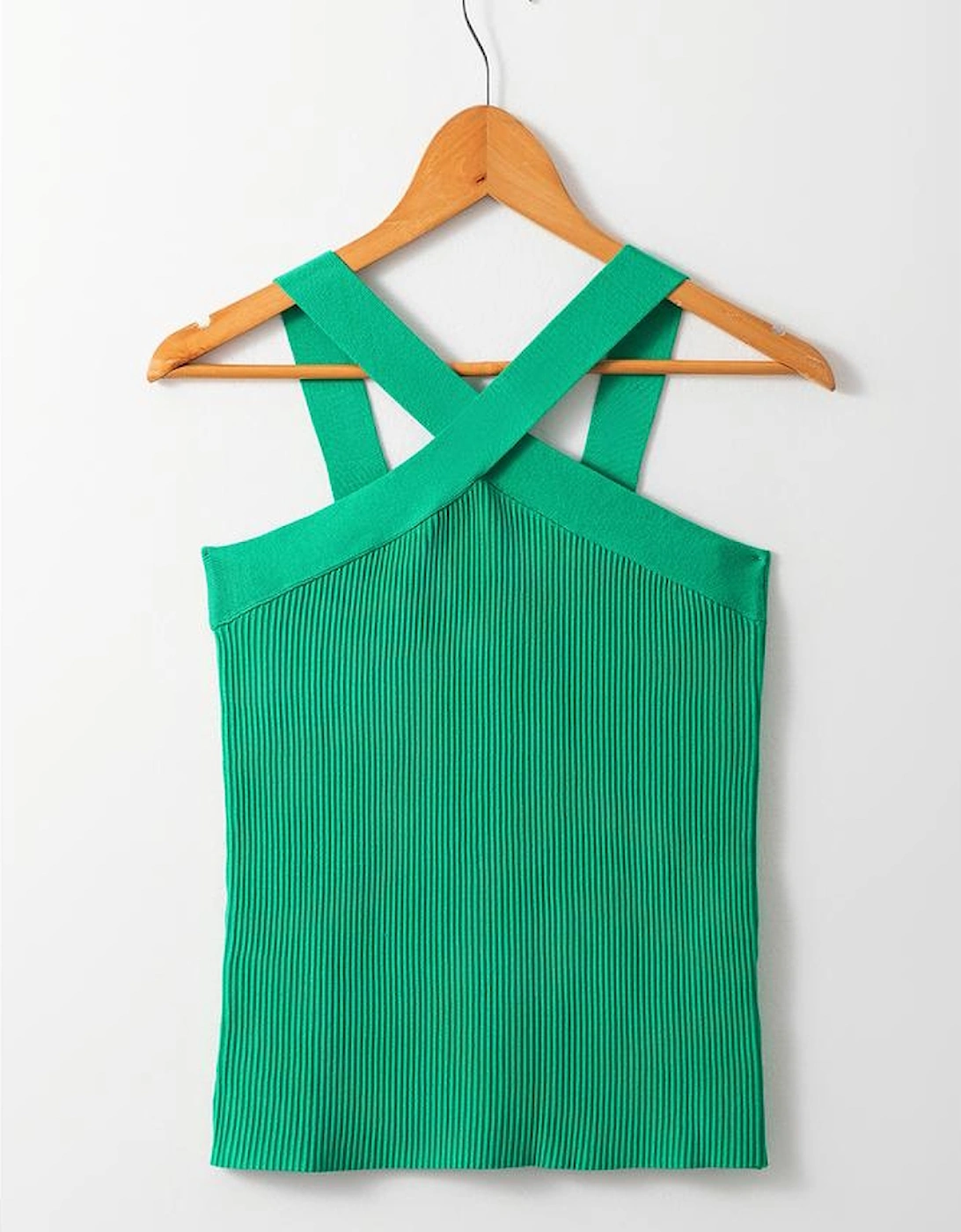 Dark Green Ribbed Criss Cross Halter Neck Sheath Sweater Tank Top