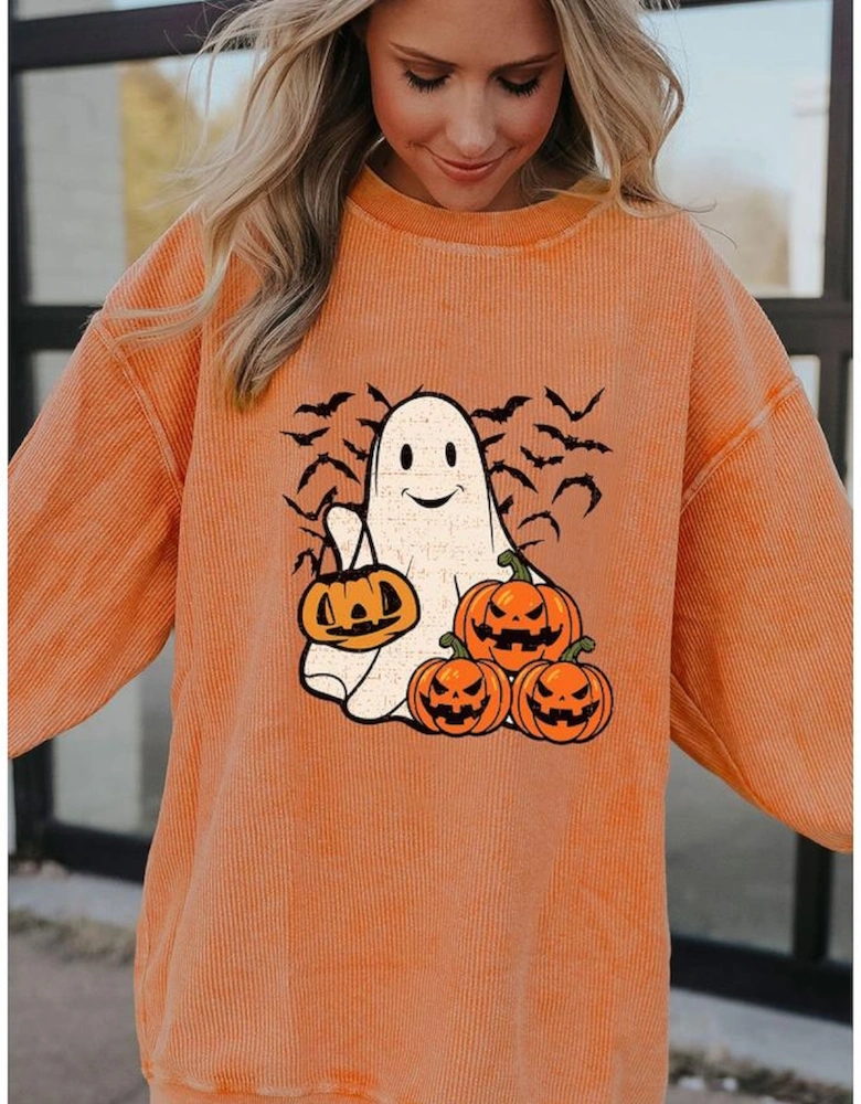 Orange Halloween Ghost Pumpkin Bat Print Corded Pullover Sweatshirt