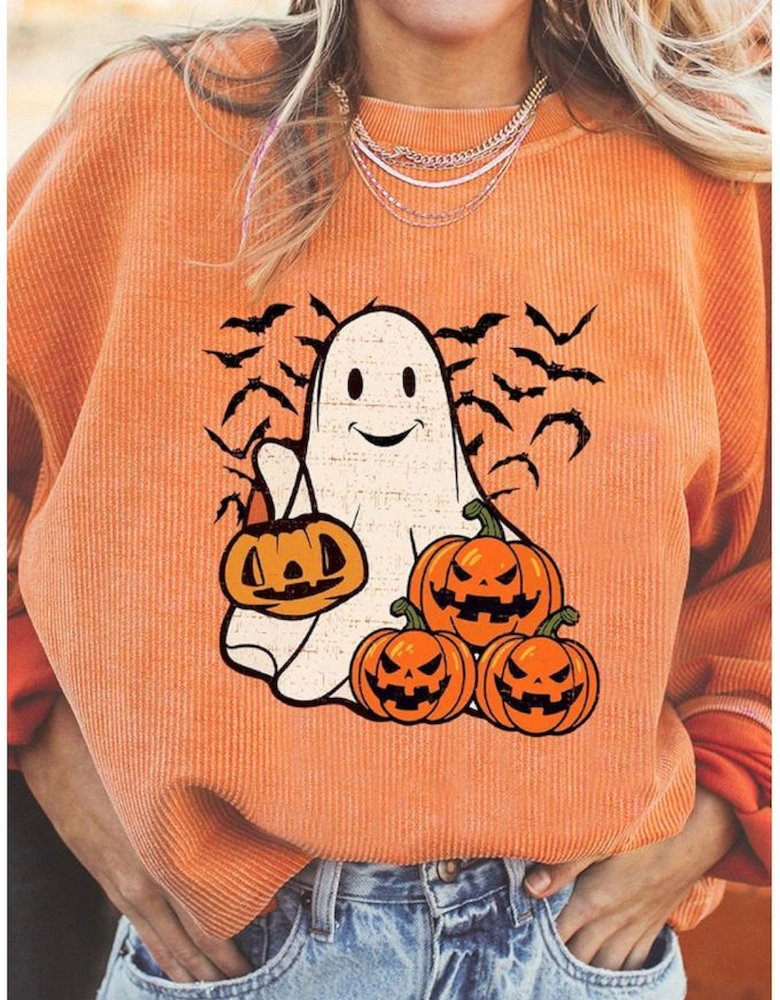 Orange Halloween Ghost Pumpkin Bat Print Corded Pullover Sweatshirt