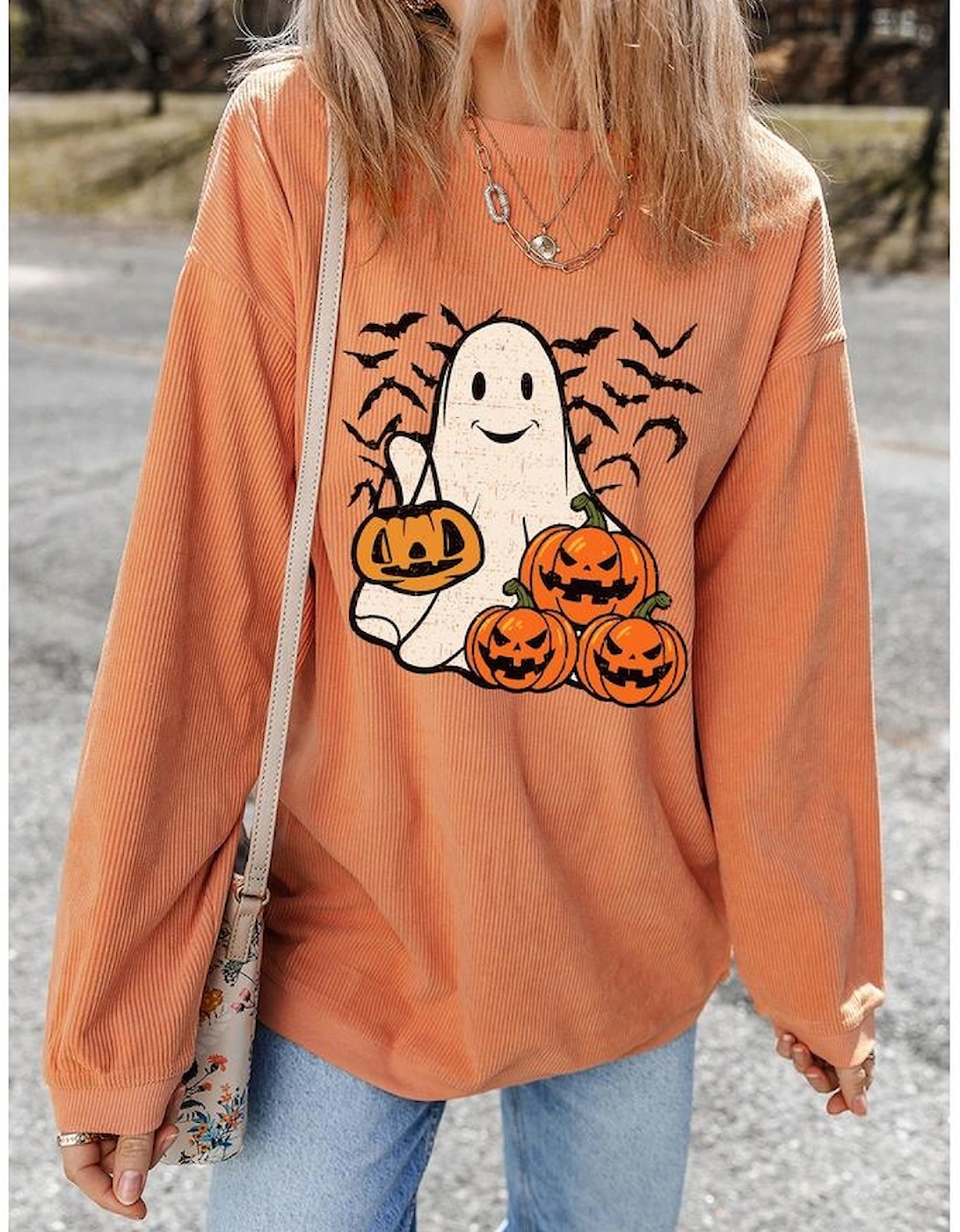 Orange Halloween Ghost Pumpkin Bat Print Corded Pullover Sweatshirt, 9 of 8