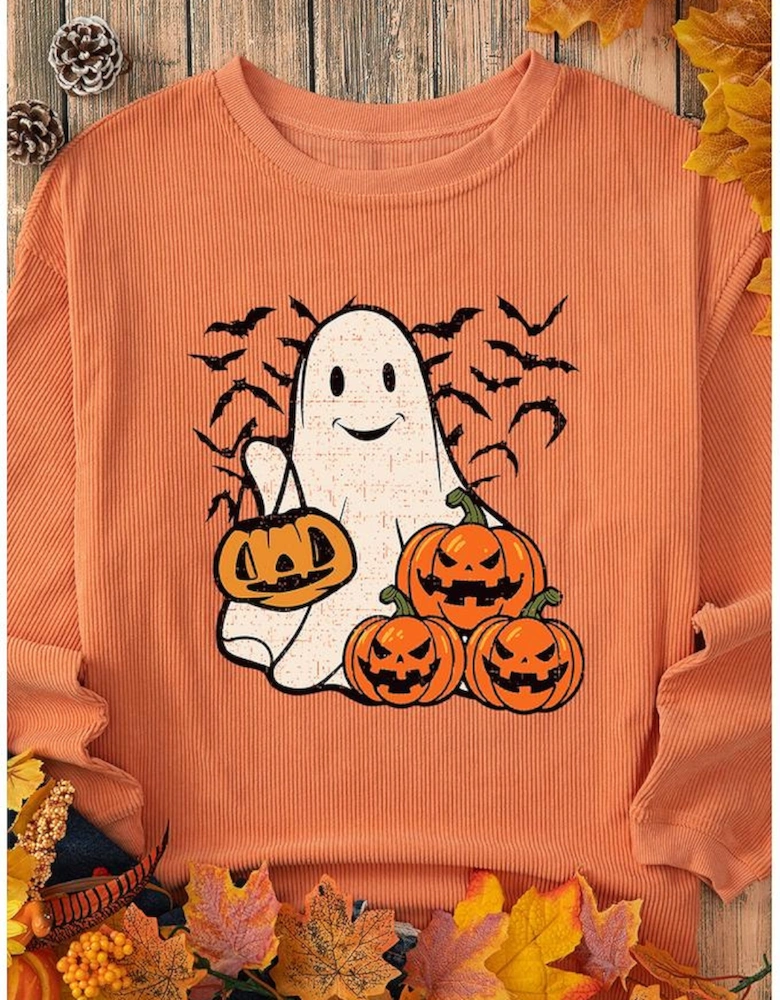 Orange Halloween Ghost Pumpkin Bat Print Corded Pullover Sweatshirt