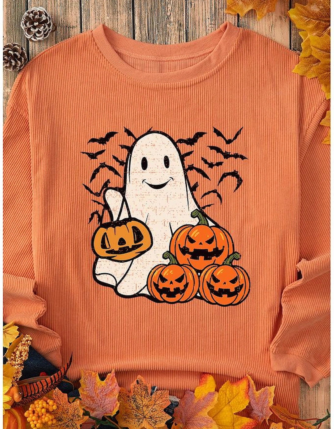 Orange Halloween Ghost Pumpkin Bat Print Corded Pullover Sweatshirt