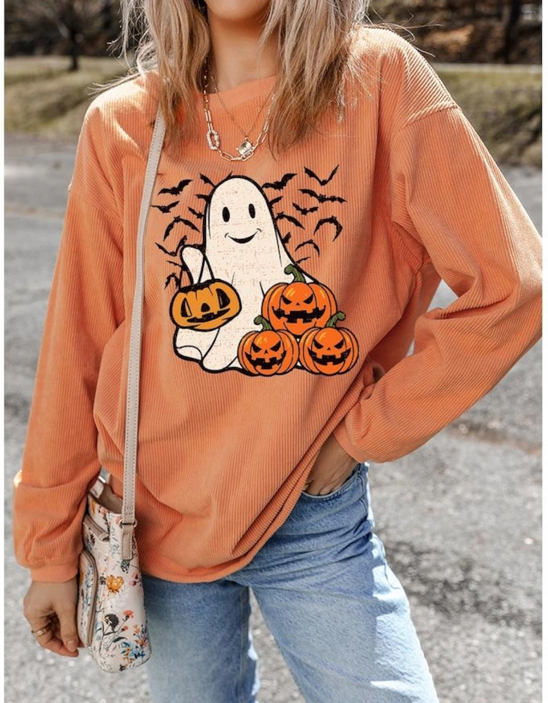 Orange Halloween Ghost Pumpkin Bat Print Corded Pullover Sweatshirt