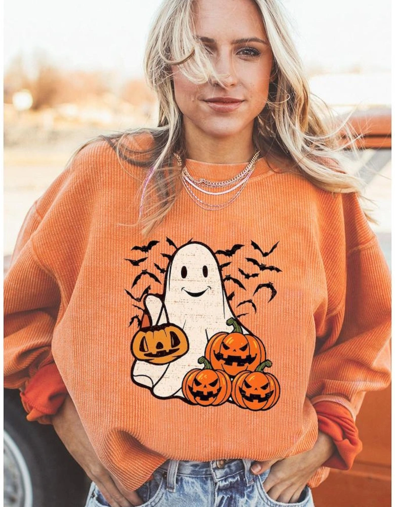 Orange Halloween Ghost Pumpkin Bat Print Corded Pullover Sweatshirt